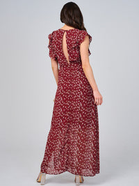 WOMEN'S RUFFLE SLEEVE V-NECK SELF TIE OPEN BACK FLORAL MAXI DRESS