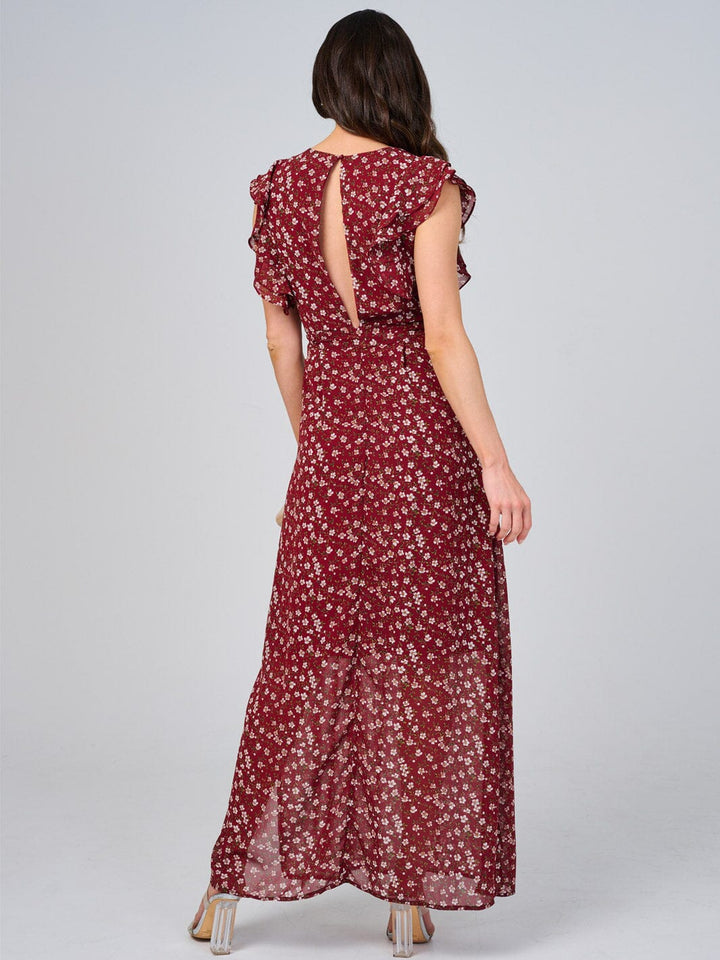 WOMEN'S RUFFLE SLEEVE V-NECK SELF TIE OPEN BACK FLORAL MAXI DRESS