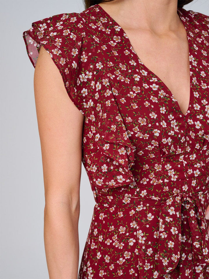 WOMEN'S RUFFLE SLEEVE V-NECK SELF TIE OPEN BACK FLORAL MAXI DRESS
