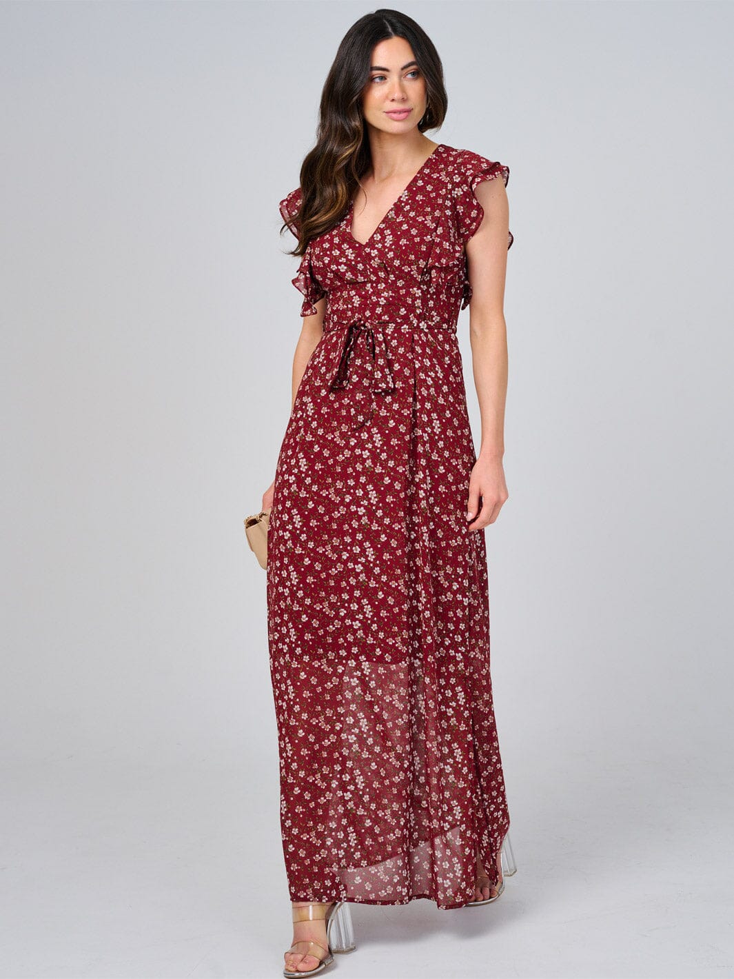 WOMEN'S RUFFLE SLEEVE V-NECK SELF TIE OPEN BACK FLORAL MAXI DRESS