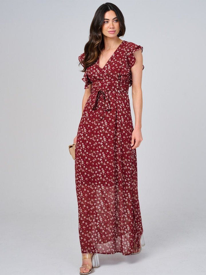 WOMEN'S RUFFLE SLEEVE V-NECK SELF TIE OPEN BACK FLORAL MAXI DRESS