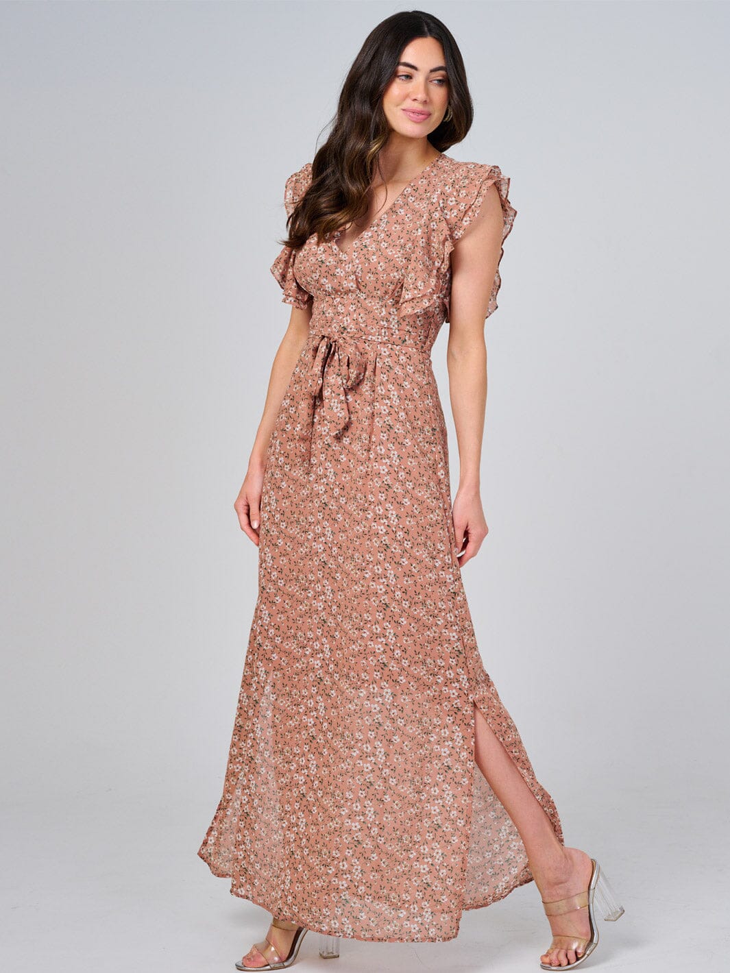 WOMEN'S RUFFLE SLEEVE V-NECK SELF TIE OPEN BACK FLORAL MAXI DRESS