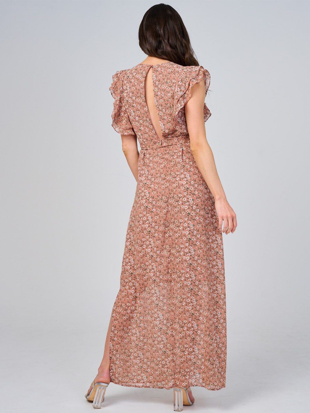 WOMEN'S RUFFLE SLEEVE V-NECK SELF TIE OPEN BACK FLORAL MAXI DRESS