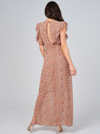 WOMEN'S RUFFLE SLEEVE V-NECK SELF TIE OPEN BACK FLORAL MAXI DRESS