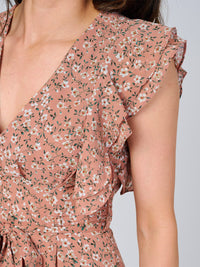 WOMEN'S RUFFLE SLEEVE V-NECK SELF TIE OPEN BACK FLORAL MAXI DRESS