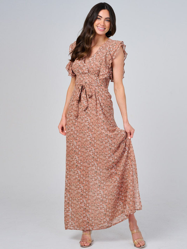 WOMEN'S RUFFLE SLEEVE V-NECK SELF TIE OPEN BACK FLORAL MAXI DRESS