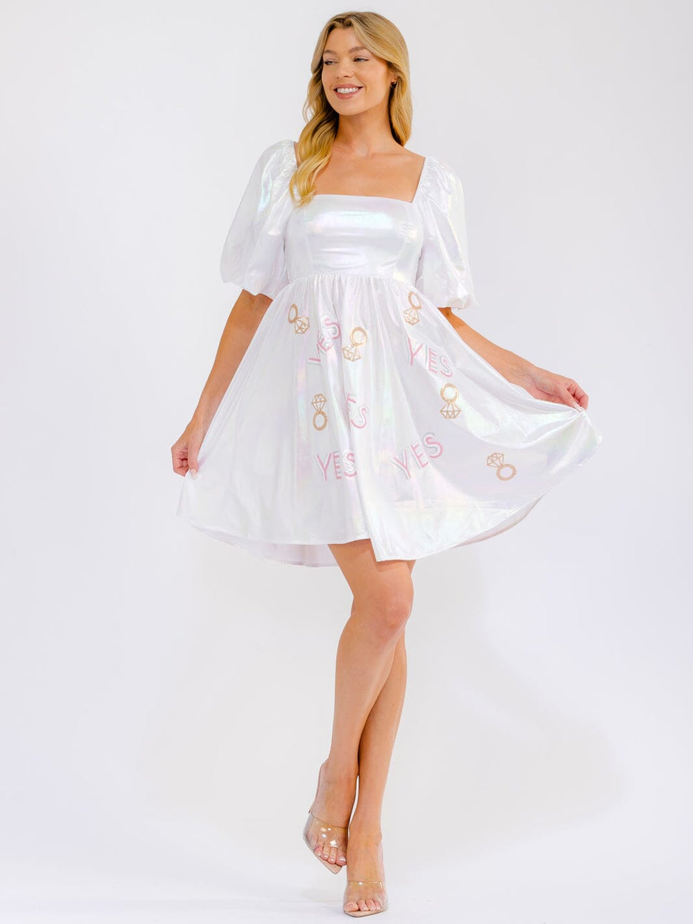 WOMEN'S SHORT PUFF SLEEVE SQUARE NECK SMOCK MINI DRESS