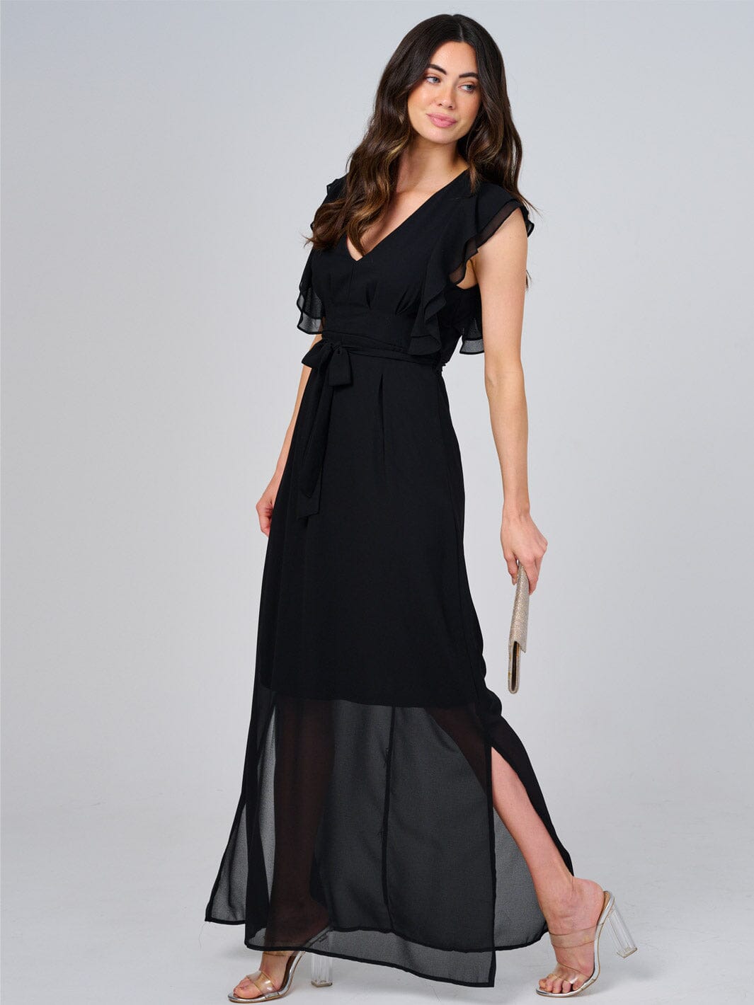 WOMEN'S RUFFLE SLEEVE V-NECK SELF TIE OPEN BACK MAXI DRESS