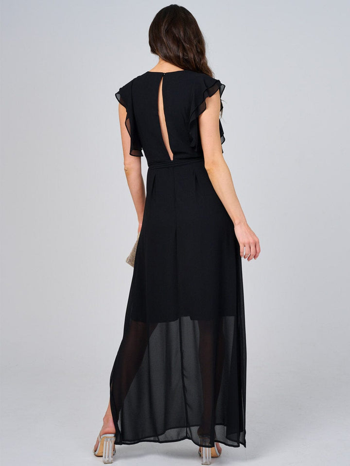 WOMEN'S RUFFLE SLEEVE V-NECK SELF TIE OPEN BACK MAXI DRESS