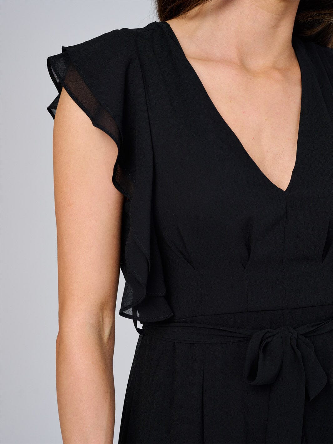 WOMEN'S RUFFLE SLEEVE V-NECK SELF TIE OPEN BACK MAXI DRESS