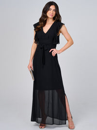 WOMEN'S RUFFLE SLEEVE V-NECK SELF TIE OPEN BACK MAXI DRESS