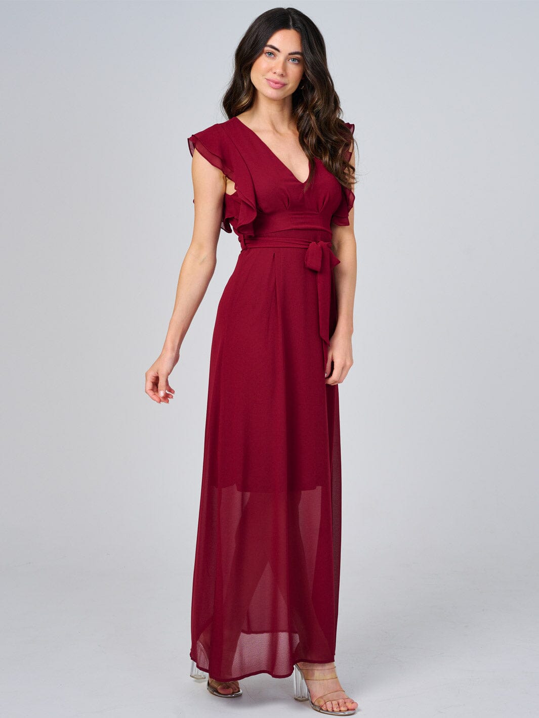 WOMEN'S RUFFLE SLEEVE V-NECK SELF TIE OPEN BACK MAXI DRESS