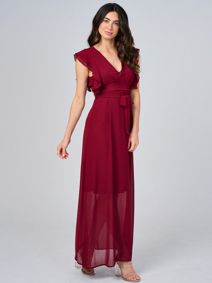 WOMEN'S RUFFLE SLEEVE V-NECK SELF TIE OPEN BACK MAXI DRESS