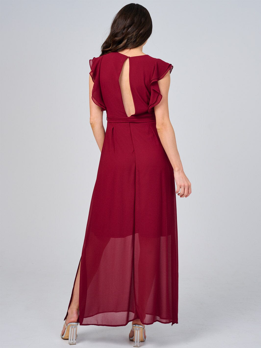 WOMEN'S RUFFLE SLEEVE V-NECK SELF TIE OPEN BACK MAXI DRESS