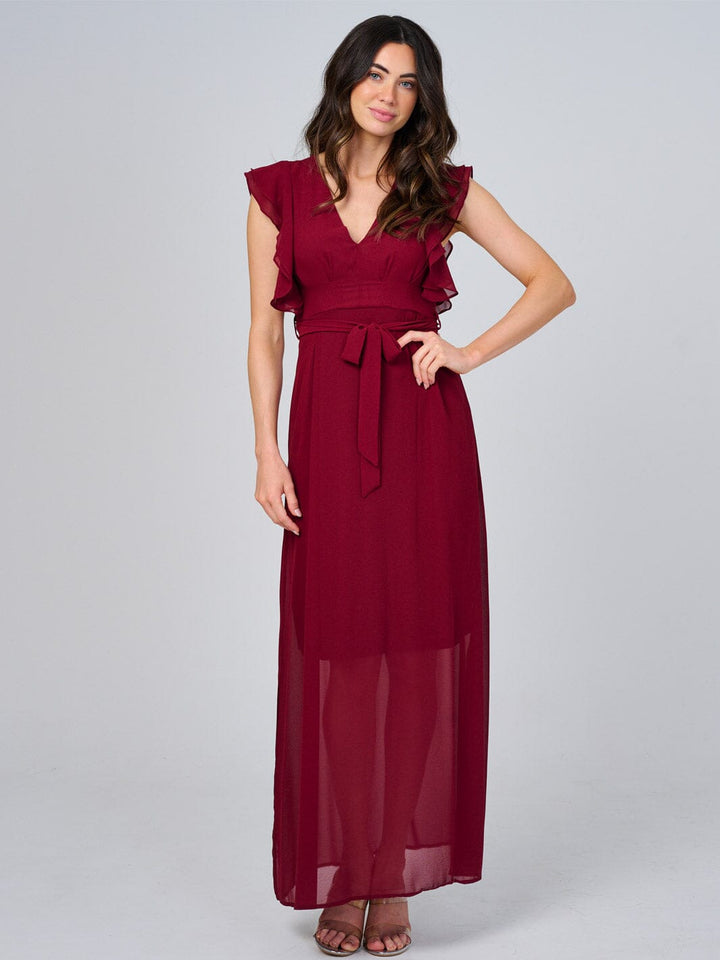 WOMEN'S RUFFLE SLEEVE V-NECK SELF TIE OPEN BACK MAXI DRESS