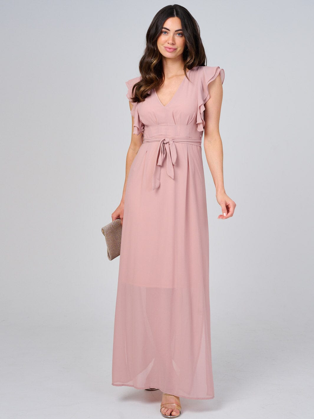 WOMEN'S RUFFLE SLEEVE V-NECK SELF TIE OPEN BACK MAXI DRESS