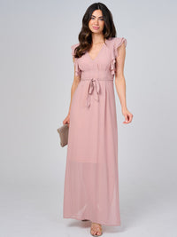 WOMEN'S RUFFLE SLEEVE V-NECK SELF TIE OPEN BACK MAXI DRESS