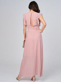 WOMEN'S RUFFLE SLEEVE V-NECK SELF TIE OPEN BACK MAXI DRESS