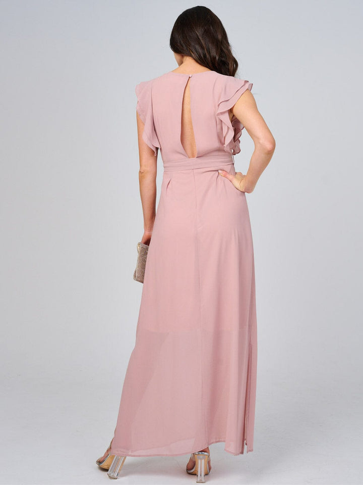 WOMEN'S RUFFLE SLEEVE V-NECK SELF TIE OPEN BACK MAXI DRESS
