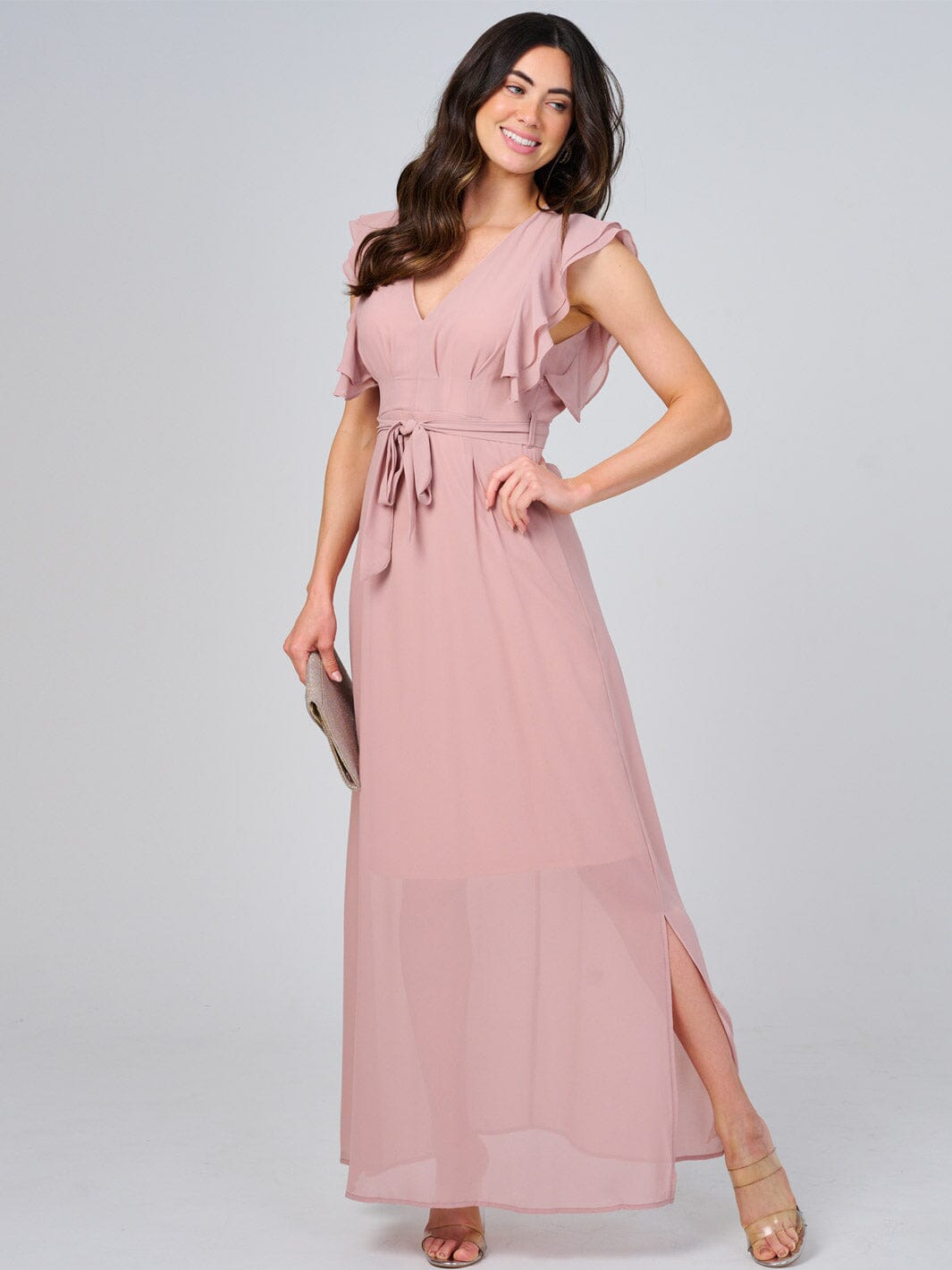 WOMEN'S RUFFLE SLEEVE V-NECK SELF TIE OPEN BACK MAXI DRESS