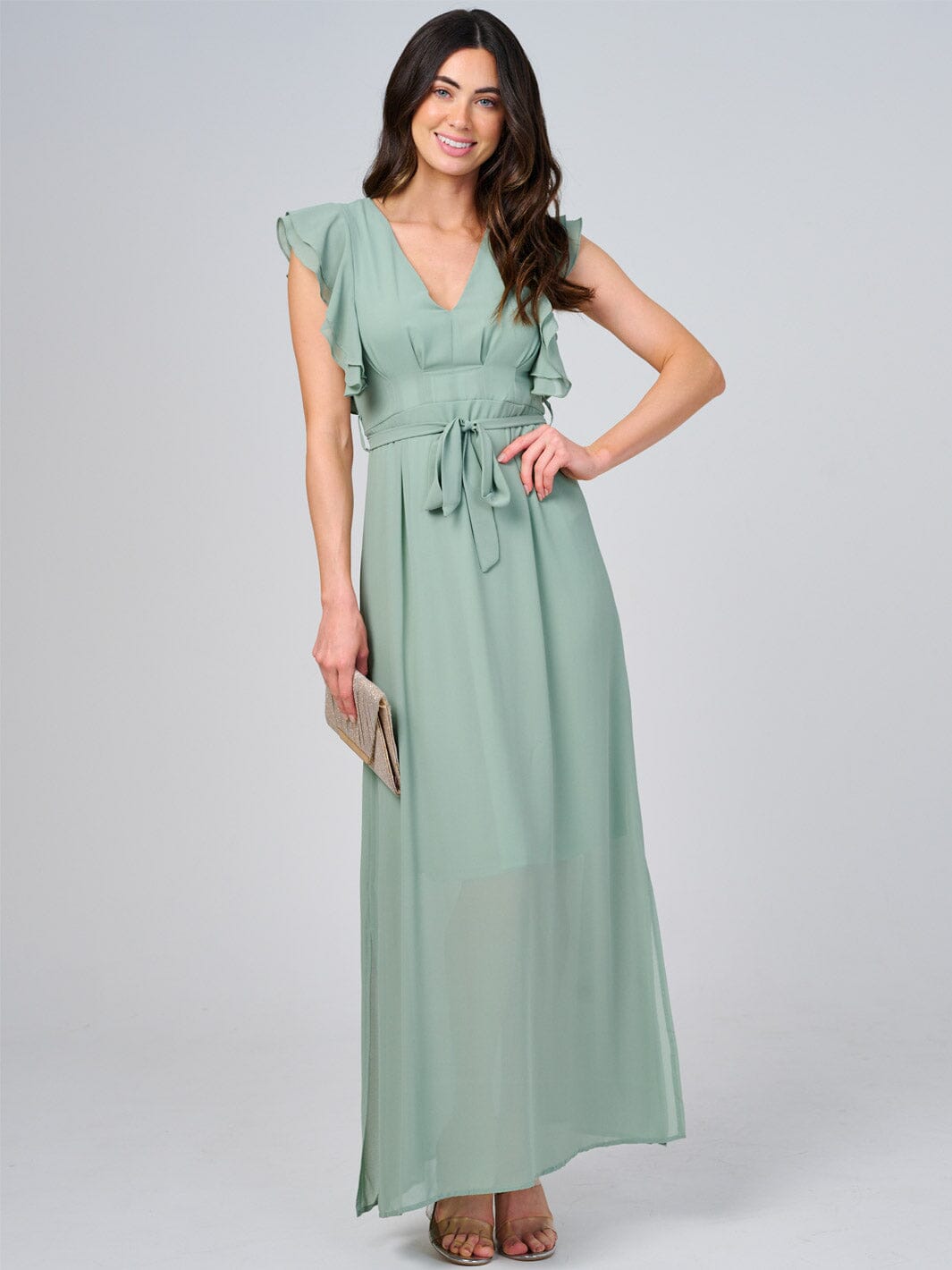 WOMEN'S RUFFLE SLEEVE V-NECK SELF TIE OPEN BACK MAXI DRESS