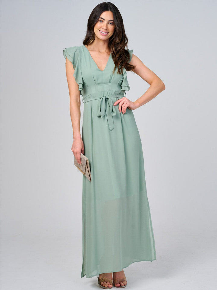 WOMEN'S RUFFLE SLEEVE V-NECK SELF TIE OPEN BACK MAXI DRESS