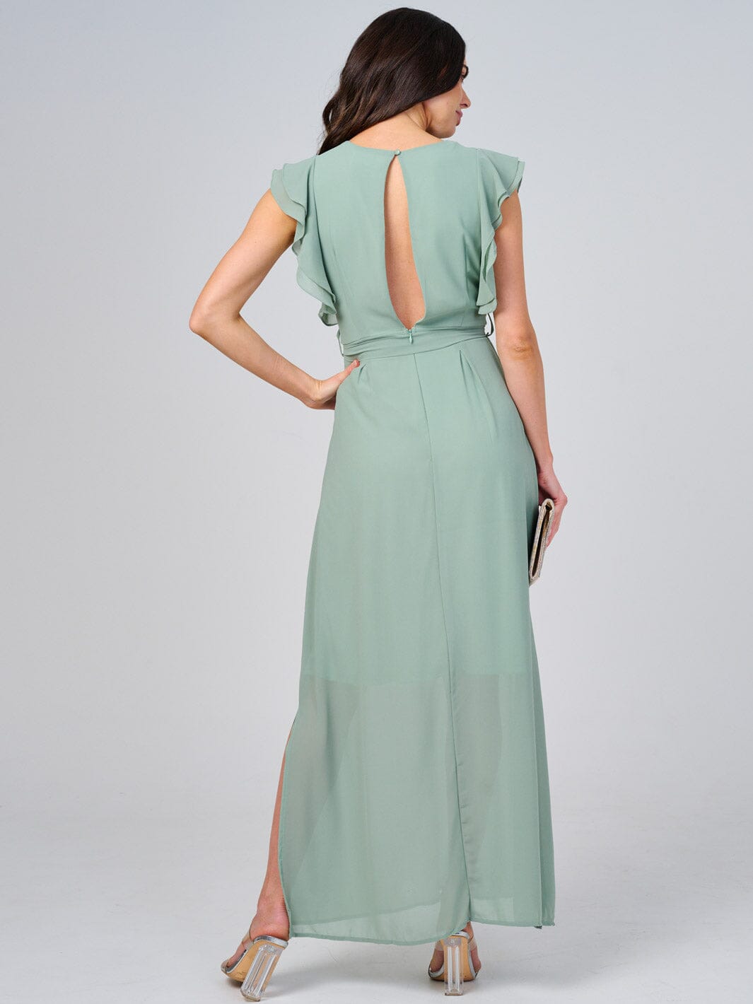 WOMEN'S RUFFLE SLEEVE V-NECK SELF TIE OPEN BACK MAXI DRESS