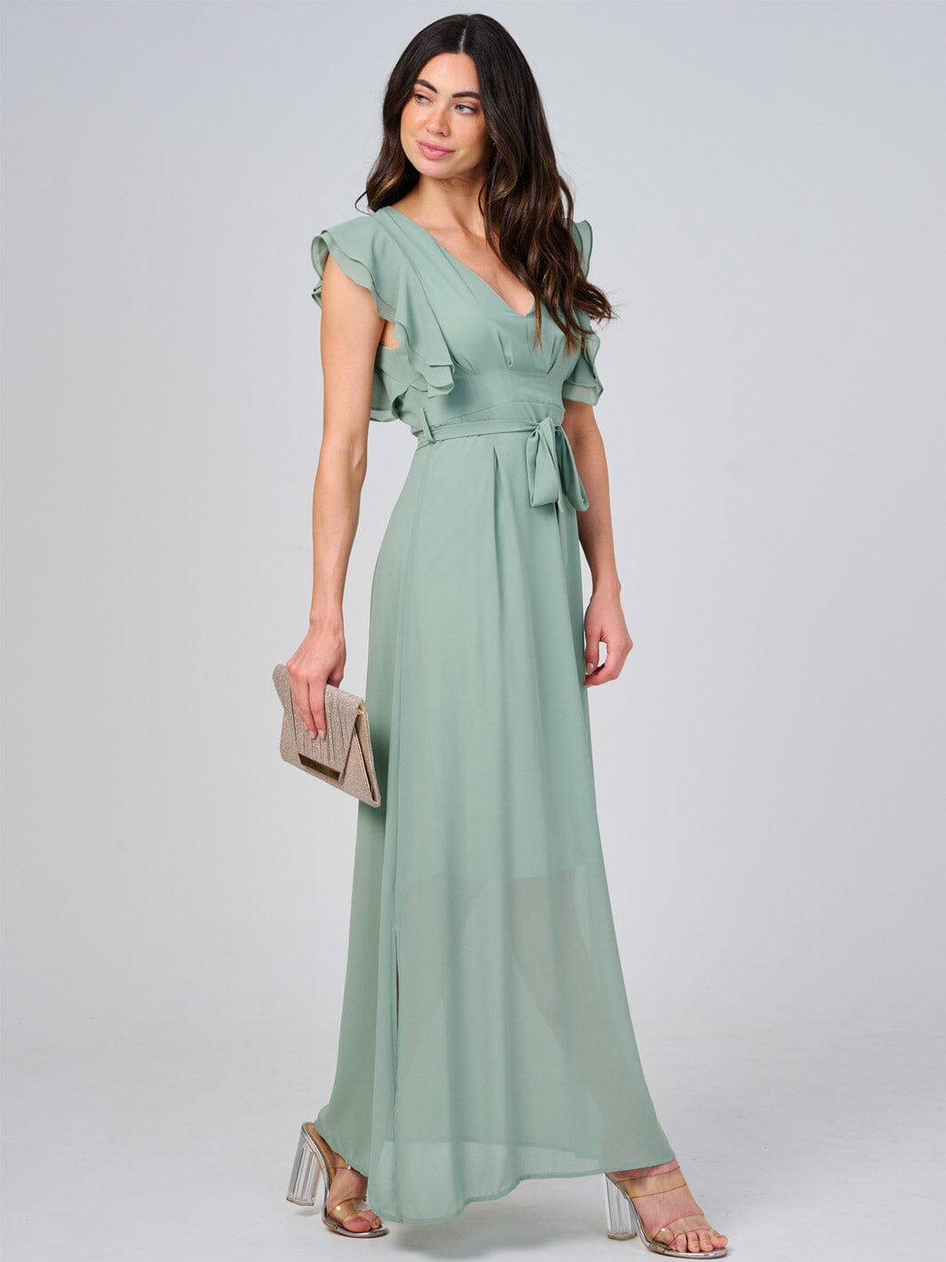 WOMEN'S RUFFLE SLEEVE V-NECK SELF TIE OPEN BACK MAXI DRESS