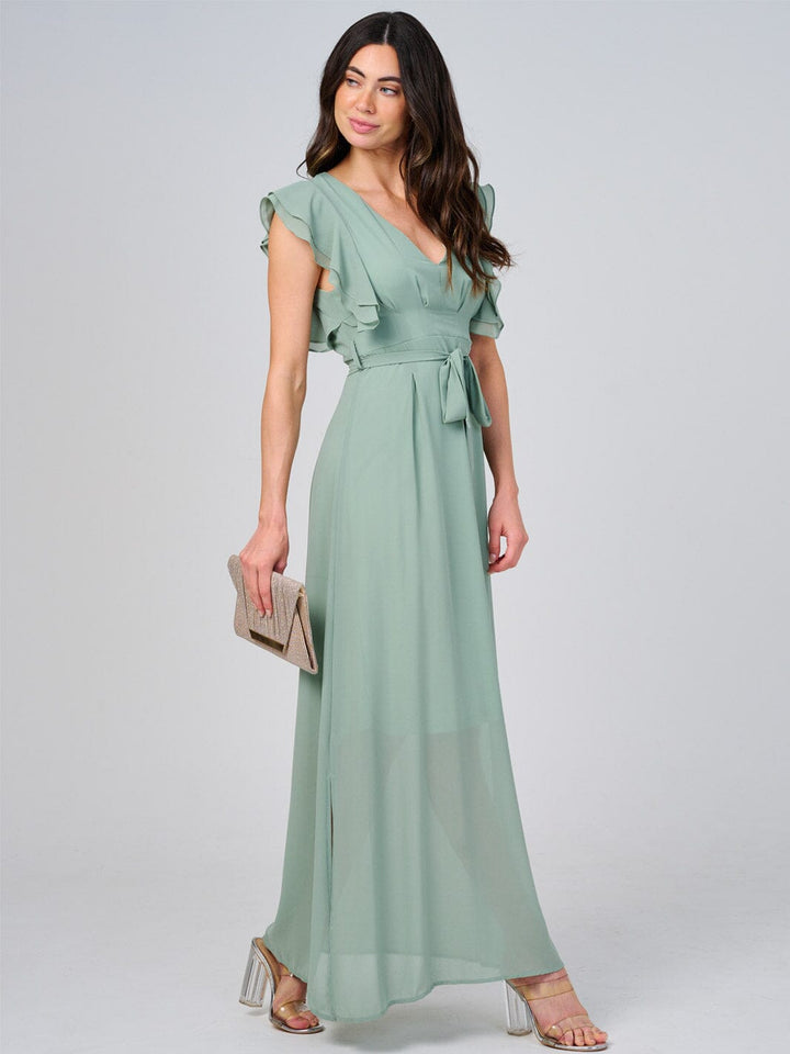 WOMEN'S RUFFLE SLEEVE V-NECK SELF TIE OPEN BACK MAXI DRESS