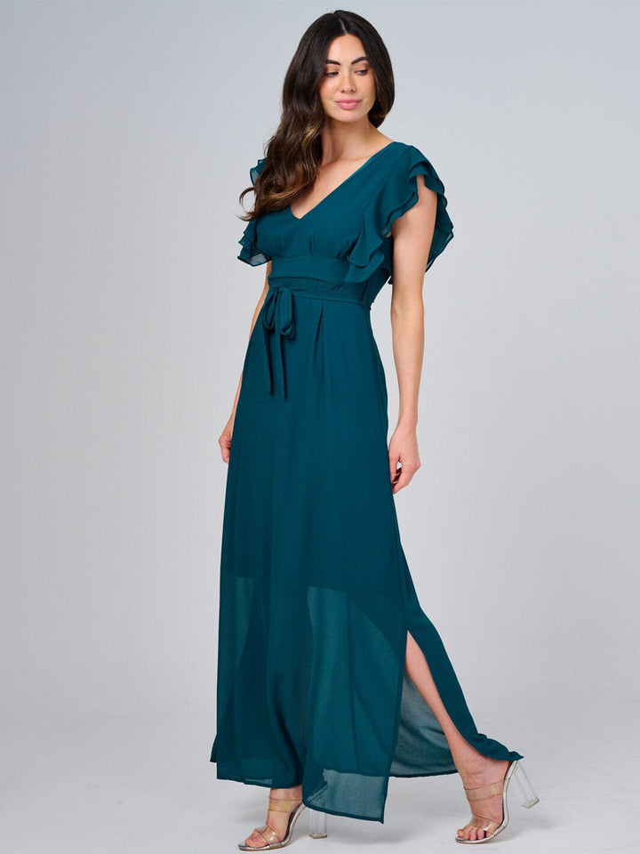 WOMEN'S RUFFLE SLEEVE V-NECK SELF TIE OPEN BACK MAXI DRESS