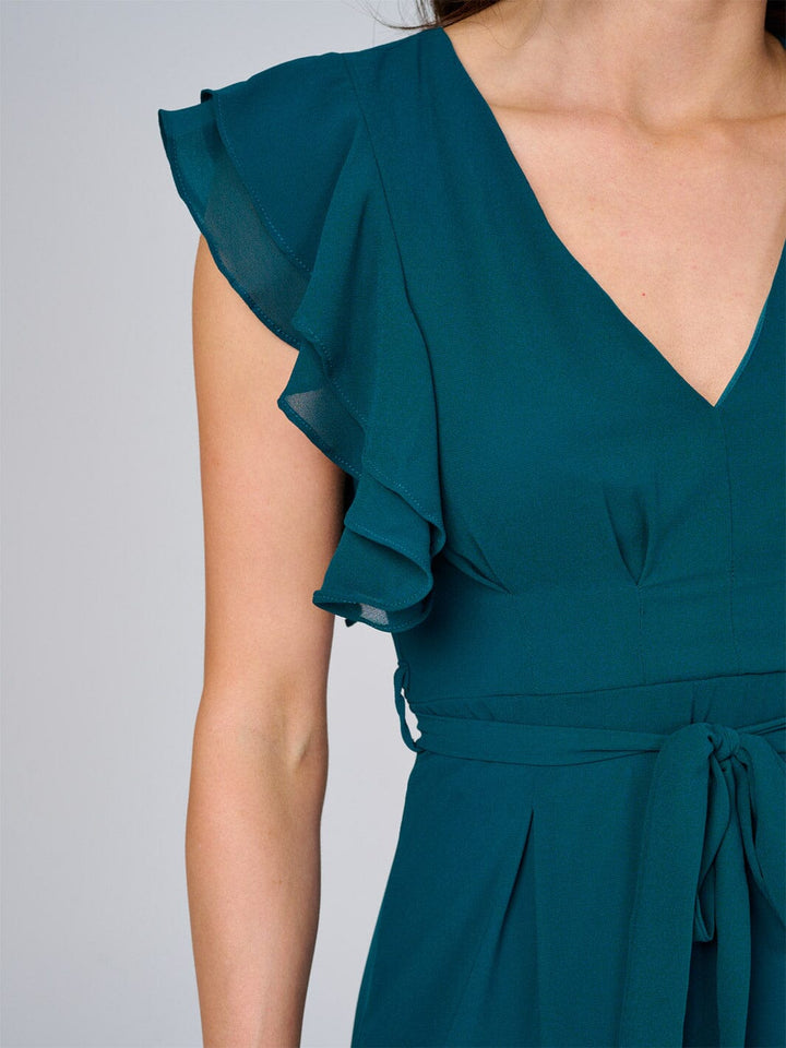 WOMEN'S RUFFLE SLEEVE V-NECK SELF TIE OPEN BACK MAXI DRESS