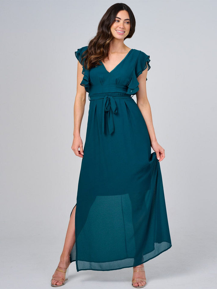 WOMEN'S RUFFLE SLEEVE V-NECK SELF TIE OPEN BACK MAXI DRESS