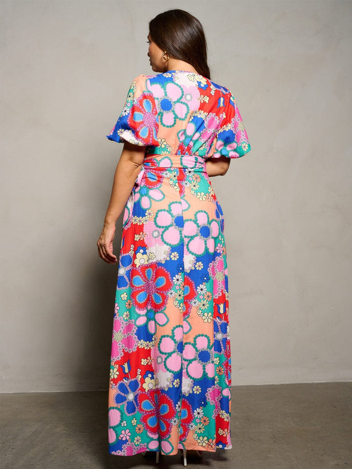 WOMEN'S SHORT PUFF SLEEVE WRAP FLORAL PRINT MAXI DRESS