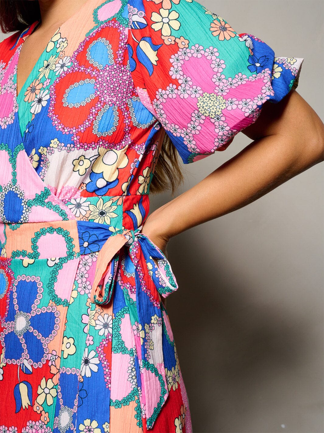 WOMEN'S SHORT PUFF SLEEVE WRAP FLORAL PRINT MAXI DRESS