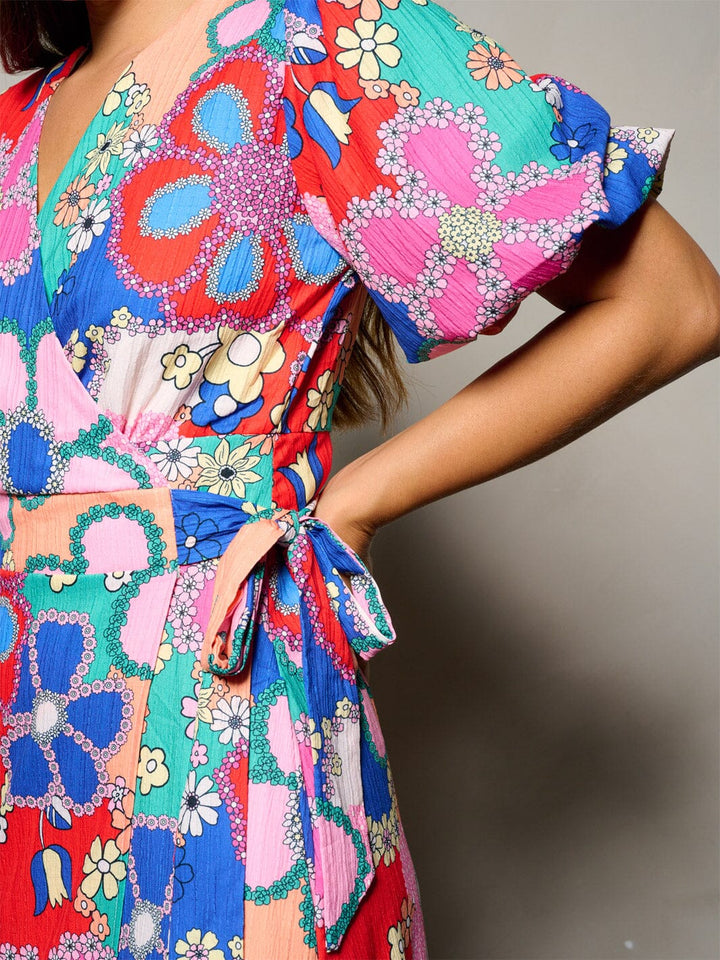 WOMEN'S SHORT PUFF SLEEVE WRAP FLORAL PRINT MAXI DRESS