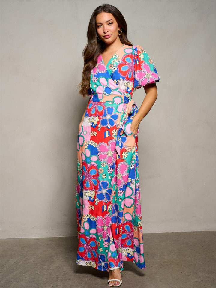 WOMEN'S SHORT PUFF SLEEVE WRAP FLORAL PRINT MAXI DRESS