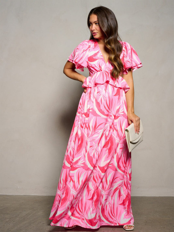 WOMEN'S SHORT PUFF SLEEVE V-NECK OPEN BACK LEAF PRINT MAXI DRESS