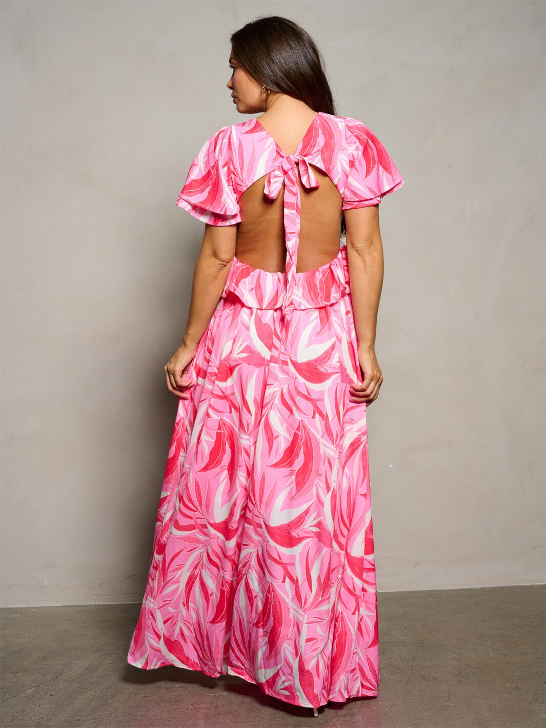 WOMEN'S SHORT PUFF SLEEVE V-NECK OPEN BACK LEAF PRINT MAXI DRESS