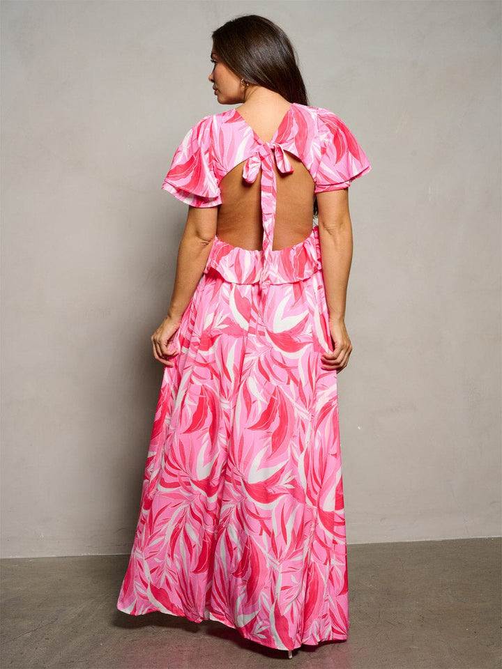 WOMEN'S SHORT PUFF SLEEVE V-NECK OPEN BACK LEAF PRINT MAXI DRESS
