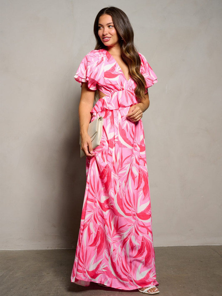 WOMEN'S SHORT PUFF SLEEVE V-NECK OPEN BACK LEAF PRINT MAXI DRESS