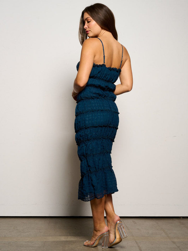 WOMEN'S SLEEVELESS V-NECK RUCHED LACE DETAILED MAXI DRESS