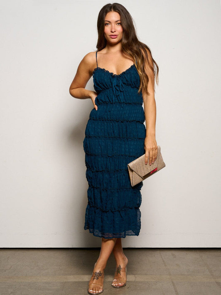 WOMEN'S SLEEVELESS V-NECK RUCHED LACE DETAILED MAXI DRESS