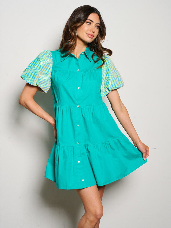 WOMEN'S SHORT SEQUINS SLEEVE POCKETS BUTTON UP MINI DRESS