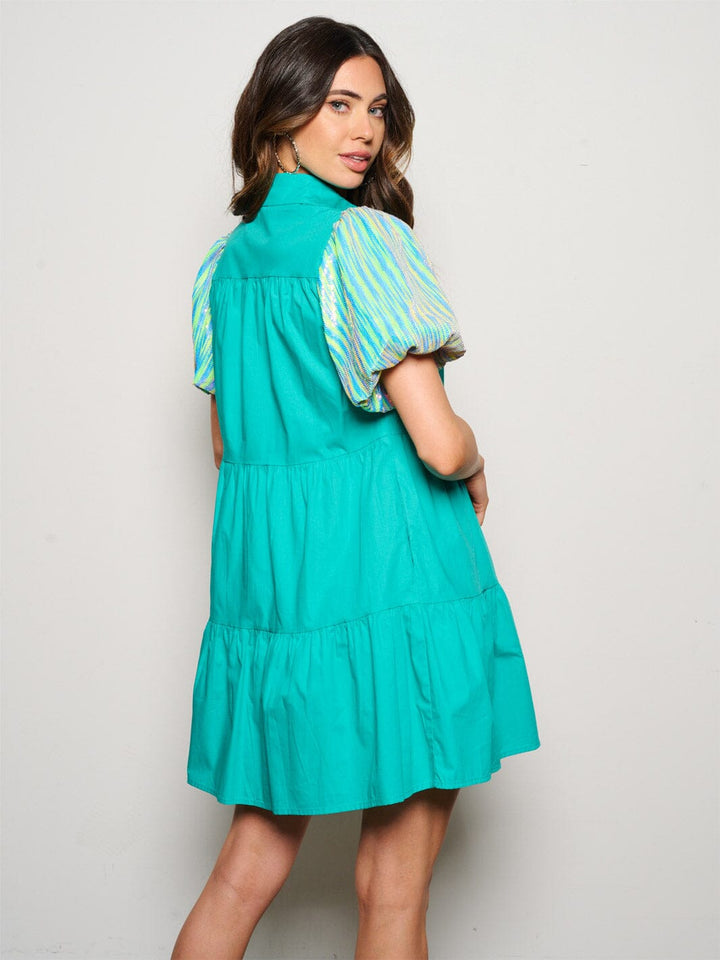 WOMEN'S SHORT SEQUINS SLEEVE POCKETS BUTTON UP MINI DRESS
