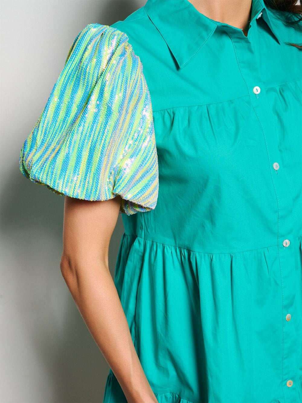 WOMEN'S SHORT SEQUINS SLEEVE POCKETS BUTTON UP MINI DRESS