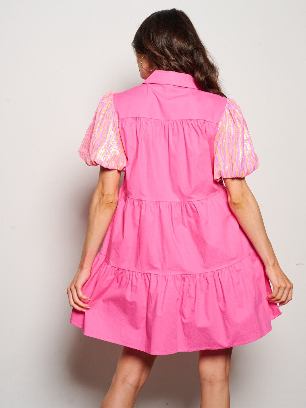 WOMEN'S SHORT SEQUINS SLEEVE POCKETS BUTTON UP MINI DRESS