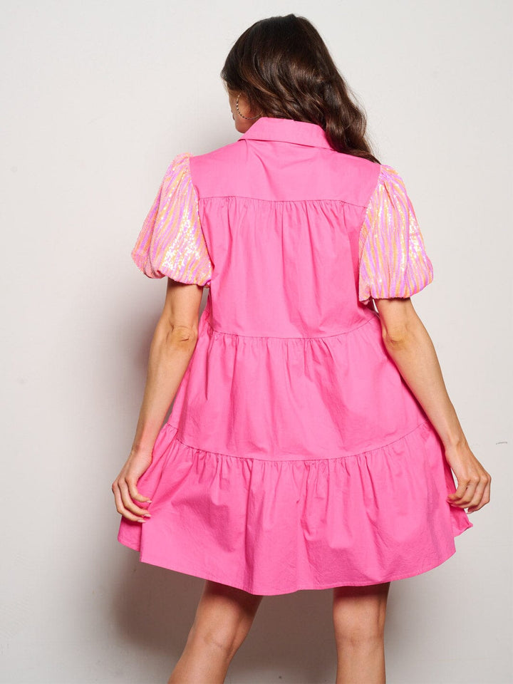 WOMEN'S SHORT SEQUINS SLEEVE POCKETS BUTTON UP MINI DRESS