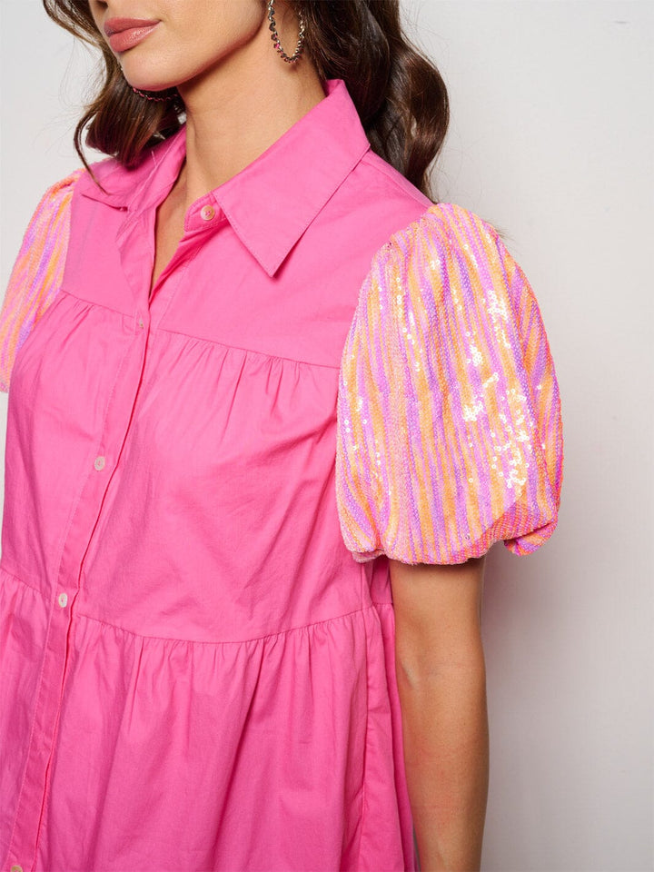 WOMEN'S SHORT SEQUINS SLEEVE POCKETS BUTTON UP MINI DRESS