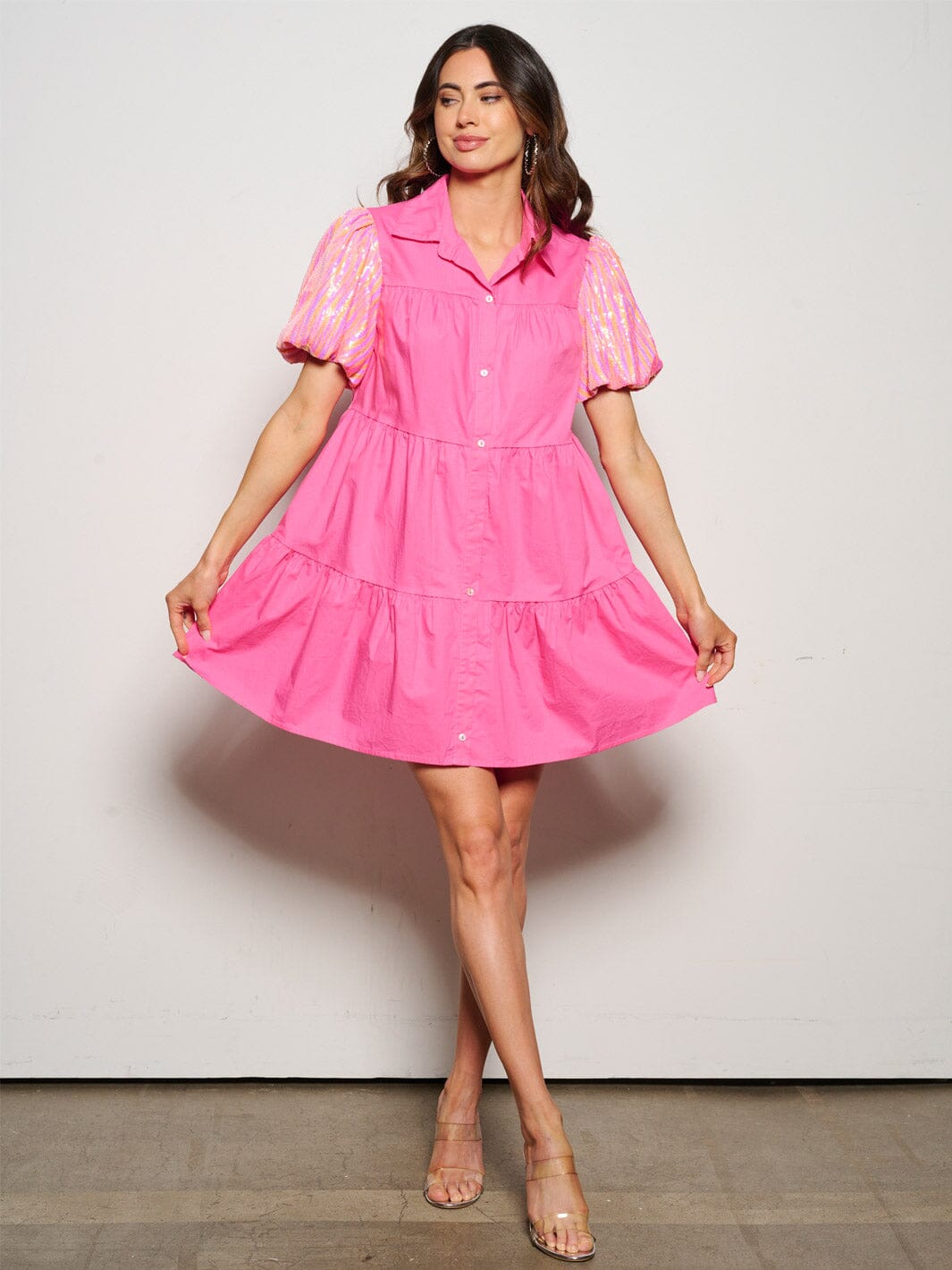 WOMEN'S SHORT SEQUINS SLEEVE POCKETS BUTTON UP MINI DRESS