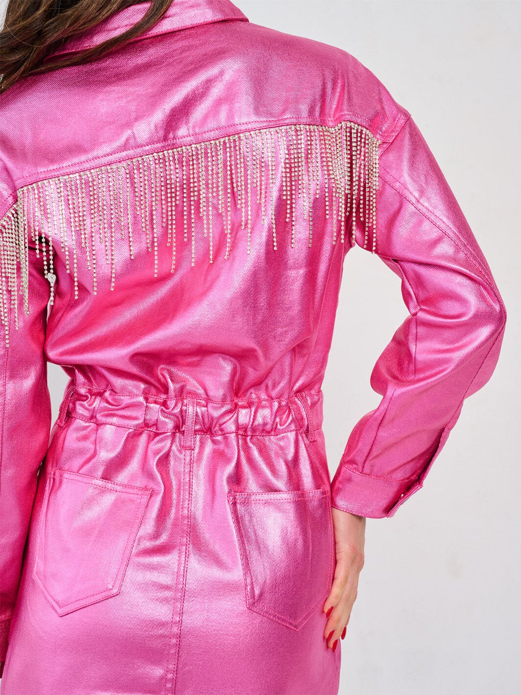 WOMEN'S LONG SLEEVE POCKETS BUTTON UP FRINGE METALLIC MINI DRESS